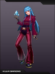 Rule 34 | 1girl, absurdres, belt, blue hair, breasts, chaps, commentary, emmakof, gloves, highres, kula diamond, long hair, looking at viewer, medium breasts, open mouth, red eyes, simple background, smile, solo, the king of fighters, the king of fighters 2000