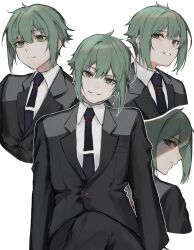 Rule 34 | 1boy, absurdres, black necktie, black pants, black suit, closed mouth, collared shirt, elan ceres, expressionless, formal, green eyes, green hair, gundam, gundam suisei no majo, highres, looking at viewer, looking back, looking to the side, male focus, necktie, pants, parted lips, shirt, short hair, smile, soji 777, solo, suit, teeth, white background, white shirt