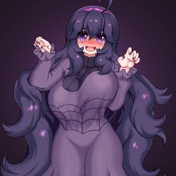 Rule 34 | 1girl, @ @, absurdres, ahoge, alternate breast size, black hair, black nails, blush, bouncing breasts, breasts, claw pose, commentary, creatures (company), dress, english commentary, eyelashes, game freak, hairband, hex maniac (pokemon), highres, long hair, long sleeves, looking at viewer, medium breasts, messy hair, mud (artist), nail polish, nintendo, open mouth, pokemon, pokemon xy, purple eyes, purple hairband, smile, solo, tongue, very long hair