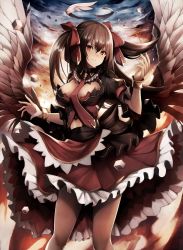 Rule 34 | &gt;:), 1girl, angel, angel wings, bad id, bad pixiv id, black hair, blush, bow, bracelet, breasts, closed mouth, commentary request, cowboy shot, dress, frilled dress, frills, hair bow, halo, highres, jewelry, large breasts, layered dress, long hair, looking at viewer, md5 mismatch, necktie, original, pantyhose, puffy short sleeves, puffy sleeves, red bow, red eyes, red necktie, resolution mismatch, sash, short sleeves, smile, snm (sunimi), solo, source smaller, two side up, v-shaped eyebrows, wings