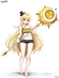 Rule 34 | 1girl, bandeau, bare arms, bare legs, bare shoulders, barefoot, bike shorts, blonde hair, blunt bangs, blush, breasts, cleavage, collarbone, dungeon and fighter, elf, flat chest, full body, groin, hat, holding, holding staff, long hair, looking at viewer, mage (dungeon and fighter), mini hat, mini top hat, navel, pointy ears, red eyes, shaojiang, short shorts, shorts, simple background, smile, solo, staff, standing, stomach, top hat, very long hair, white background