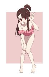 Rule 34 | 1girl, :d, absurdres, arikindows10, barefoot, bikini, breasts, brown hair, cleavage, commission, hand up, highres, kagari atsuko, leaning forward, little witch academia, long hair, looking at viewer, open mouth, pink bikini, pixiv commission, red eyes, short ponytail, single sidelock, small breasts, smile, solo, swimsuit, v