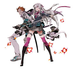 Rule 34 | 1boy, 1girl, 7th dragon (series), 7th dragon iii, armor, belt pouch, black footwear, black jacket, boots, bow, bowtie, braid, button eyes, buttons, commentary, dual wielding, english commentary, floro (7th dragon), full body, grin, hair between eyes, hair ribbon, hat, highres, holding, holding sword, holding weapon, holster, jacket, japanese armor, katana, kote, long hair, miwa shirow, multiple swords, nagamimi (7th dragon), parted lips, pink bow, pink bowtie, pink eyes, pink ribbon, pink thighhighs, plaid, plaid skirt, pouch, red-framed eyewear, ribbon, samurai (7th dragon), scarf, school uniform, sheath, short hair, simple background, skirt, sleeves rolled up, smile, stuffed animal, stuffed rabbit, stuffed toy, sword, thigh holster, thigh pouch, thighhighs, top hat, weapon, white background, white hair, yellow eyes