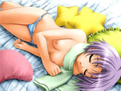 Rule 34 | 1girl, barefoot, bed, blush, bottomless, breasts, feet, nipples, panties, purple hair, sleeping, solo, striped clothes, striped panties, topless, underwear