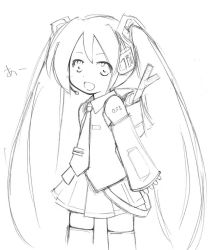 Rule 34 | 1girl, a (phrase), aged down, arms at sides, blouse, child, collared shirt, frilled shirt, frills, greyscale, hatsune miku, long hair, monochrome, shirt, sige, sketch, sleeveless, sleeveless shirt, solo, spring onion, tattoo, thighhighs, twintails, very long hair, vocaloid, white background