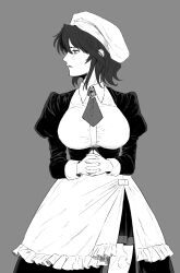 Rule 34 | 1girl, beret, breasts, brooch, collared dress, crying, crying with eyes open, dress, frilled dress, frills, grey background, hat, highres, jewelry, large breasts, leg tattoo, long sleeves, looking to the side, maid, monochrome, nasu (nasuotabe), necktie, own hands together, parted lips, puffy long sleeves, puffy sleeves, shannon (umineko), short hair, side slit, solo, standing, tattoo, tears, umineko no naku koro ni, wavy hair