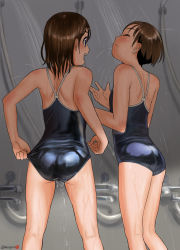 Rule 34 | 2girls, adjusting clothes, adjusting swimsuit, ass, blue one-piece swimsuit, brown hair, commentary request, competition school swimsuit, feet out of frame, from behind, highres, mu-pyon, multiple girls, one-piece swimsuit, original, school swimsuit, shade, shiny clothes, short hair, shower head, showering, smile, standing, swimsuit, water