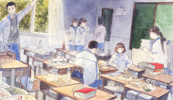 Rule 34 | 2boys, 5girls, arm up, bag, black hair, blue pants, book, bottle, brown hair, chair, chalkboard, classroom, commentary request, curtains, day, desk, closed eyes, facing away, from behind, from side, graphite (medium), grey shirt, gym uniform, highres, holding, indoors, jacket, long hair, long sleeves, looking away, marchch, mixed-language commentary, multiple boys, multiple girls, notebook, original, painting (medium), pants, paper, ponytail, school desk, shirt, short hair, short sleeves, sitting, smile, standing, track jacket, traditional media, watercolor (medium), white shirt, window