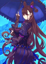 Rule 34 | 1girl, ass, back, blunt bangs, blush, breasts, brown hair, closed mouth, collar, cone hair bun, corset, curly hair, curvy, dress, elbow gloves, fate/grand order, fate (series), frilled collar, frilled dress, frills, gem, gloves, hair bun, hair ornament, hayama kazusa, high collar, highres, large breasts, long hair, long sleeves, murasaki shikibu (fate), parasol, red eyes, solo, tight clothes, tight dress, umbrella, very long hair