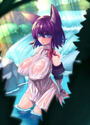 Rule 34 | 1girl, animal ears, bad id, bad pixiv id, bare shoulders, blue eyes, breasts, doku-chan (dokkudokudoku), highres, huge breasts, original, pointy breasts, purple hair, shirt, short hair, solo, water, waterfall, wet, wet clothes, wet shirt