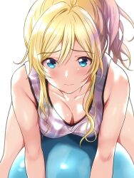 Rule 34 | 1girl, ayase eli, ball, bent over, blonde hair, blue eyes, borgbutler, breasts, cleavage, closed mouth, collarbone, commentary request, exercise ball, hair between eyes, highres, large breasts, light blush, long hair, looking at viewer, love live!, love live! school idol project, on ball, ponytail, solo, white background