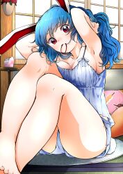 Rule 34 | 1girl, absurdres, alternate costume, animal ears, armpits, arms up, ass, bare legs, barefoot, blue hair, breasts, commentary request, feet out of frame, highres, indoors, kaisenpurin, large breasts, long hair, rabbit ears, red eyes, seiran (touhou), sitting, solo, toenails, touhou