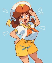 Rule 34 | 1girl, arm behind back, blue background, blue eyes, blush stickers, brown hair, cowboy shot, earrings, flower earrings, hand up, hat, highres, jewelry, large buttons, lipstick, looking at viewer, loveycloud, makeup, mario (series), mario kart, mario kart tour, neckerchief, nintendo, notice lines, open mouth, orange lips, orange neckerchief, orange sailor collar, outline, princess daisy, princess daisy (sailor), puffy short sleeves, puffy sleeves, sailor collar, sailor shirt, salute, shirt, short sleeves, shorts, simple background, solo, teeth, upper teeth only, white outline, white shirt, yellow shorts