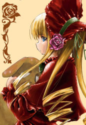 Rule 34 | 00s, 1girl, beige background, blonde hair, blue eyes, dress, drill hair, flower, frilled sleeves, frills, hat, kazumiya akira, kunkun, looking at viewer, lowres, red dress, red hat, rose, rozen maiden, shinku, simple background, solo, stuffed animal, stuffed toy, twin drills, twintails, upper body