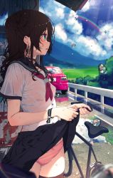 Rule 34 | 1girl, :o, absurdres, aqua eyes, bicycle, black choker, black hair, black skirt, blue sky, breasts, bus stop, car, choker, clothes lift, cloud, covered erect nipples, from side, highres, hololive, lifting own clothes, motor vehicle, nail polish, natsuiro matsuri, neckerchief, no bra, open mouth, outdoors, panties, pink nails, pink panties, pleated skirt, rainbow, red neckerchief, sailor collar, school uniform, see-through, see-through shirt, serafuku, shirt, skirt, skirt lift, sky, small breasts, solo, sy4, thighhighs, underwear, virtual youtuber, water drop, wet, wet clothes, wet hair, wet shirt, wringing clothes, wringing skirt