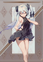 Rule 34 | 1girl, black dress, breasts, brown background, clothes pull, clothing cutout, covered navel, destroyer (girls&#039; frontline), dress, dress pull, girls&#039; frontline, grey eyes, hair between eyes, head tilt, highres, legs together, long hair, open mouth, renze l, sangvis ferri, side cutout, silver hair, sleeveless, sleeveless dress, solo, twintails, white background