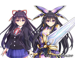 Rule 34 | 1girl, armor, armored dress, black jacket, blazer, blue skirt, bow, breasts, cleavage, collared shirt, date a live, detached collar, edamame senpai, jacket, long hair, looking at viewer, medium breasts, official art, ponytail, purple eyes, purple hair, raizen high school uniform, red ribbon, ribbon, school uniform, shirt, shoulder armor, skirt, smile, sword, upper body, v-shaped eyebrows, vivid army, weapon, yatogami tooka