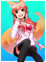 Rule 34 | 10s, 1girl, animal ears, bad id, bad pixiv id, bow, breasts, casual, detached sleeves, fate/extra, fate (series), fox ears, fox tail, hair bow, hair ribbon, pink hair, ribbon, ruchi, solo, tail, tamamo (fate), tamamo no mae (fate/extra), thighhighs, twintails, yellow eyes