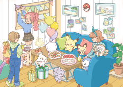 Rule 34 | 1boy, 2girls, armchair, arms up, balloon, belt, blue overalls, blue sweater, blush, bow hairband, box, brown belt, brown hair, cake, chair, clock, closed mouth, coffee table, couch, creatures (company), cup, espurr, food, game freak, gen 1 pokemon, gen 2 pokemon, gen 4 pokemon, gen 6 pokemon, gen 7 pokemon, gen 8 pokemon, gift, gift box, hairband, highres, holding, indoors, looking back, milcery, multiple girls, nintendo, official art, overalls, party, photo (object), pichu, pikachu, pink hair, piplup, pizza, pizza box, pokemon, pokemon (creature), ponytail, ribbon, rowlet, scorbunny, shorts, sitting, slippers, smile, standing, sweater, table, thighhighs, white thighhighs