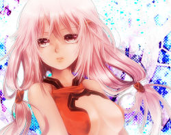 Rule 34 | 1girl, bad id, bad pixiv id, bare shoulders, breasts, center opening, guilty crown, lips, long hair, medium breasts, mofuaki, pink eyes, solo, twintails, upper body, yuzuriha inori