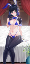 Rule 34 | 1girl, absurdres, animal ears, asymmetrical gloves, bed, bikini, black hair, black pantyhose, blue bikini, blue bow, blue bowtie, blue hair, blue nails, blush, bob cut, bow, bowtie, bracelet, breasts, curtains, diagonal bangs, earrings, feet out of frame, fingerless gloves, genshin impact, gloves, gradient hair, green eyes, grin, hand up, highleg, highleg bikini, highres, jewelry, large breasts, leotard, mismatched gloves, multicolored hair, navel, nontraditional playboy bunny, on bed, pantyhose, plant, playboy bunny, potted plant, rabbit ears, short hair, shrug (clothing), single fingerless glove, sitting, smile, solo, stomach, swimsuit, teeth, wing collar, wu yao jun, yelan (genshin impact)