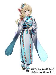 Rule 34 | 1girl, amelia wise (creativerpg), arrow (projectile), blonde hair, blue eyes, character name, closed mouth, company name, copyright notice, creativerpg, gakuon (gakuto), hamaya, highres, holding, holding arrow, japanese clothes, kimono, long hair, obi, official art, sandals, sash, simple background, smile, solo, standing, tabi, white background, zouri