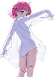 Rule 34 | 1girl, ahoge, alternate eye color, ass, blue eyes, blunt bangs, blush, collared shirt, commentary, dress shirt, from behind, highres, long sleeves, looking at viewer, looking back, love live!, love live! nijigasaki high school idol club, naked shirt, panties, panty pull, pink hair, sankuro (agoitei), see-through silhouette, shiny skin, shirt, short hair, simple background, sleeves past fingers, sleeves past wrists, solo, standing, tennoji rina, underwear, white background, white shirt