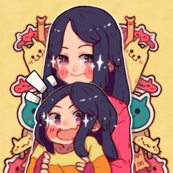 Rule 34 | 2girls, age difference, black hair, blush, child, family, hanaan, holding, long hair, long sleeves, looking at viewer, mother and daughter, multiple girls, open mouth, original, outline, purple eyes, sleeves past wrists, smile, sparkle, upper body, white outline, yellow background