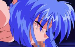 Rule 34 | animated, animated gif, blue hair, blush, censored, closed eyes, coughing, cum, cum in mouth, fellatio, forced, hand on head, lilia milcrabe, oral, penis, rape, short hair, tears, topless, viper, viper f40
