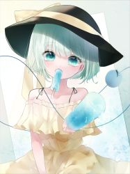 Rule 34 | 1girl, alternate costume, bad id, bad pixiv id, bare shoulders, black hat, blush, bow, collarbone, commentary request, dress, food, food in mouth, green eyes, green hair, hat, hat bow, highres, holding, holding food, komeiji koishi, looking at viewer, mouth hold, off-shoulder dress, off shoulder, popsicle, reaching, reaching towards viewer, short hair, solo, third eye, touhou, upper body, yellow bow, yellow dress, yukia (yukia 777)