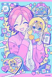 Rule 34 | 1boy, :d, ahoge, blonde hair, bow, buttons, closed eyes, cracked egg, egg, ensemble stars!, green eyes, hair between eyes, hands up, heart, heart-shaped blush stickers, heart button, highres, holding, holding stuffed toy, hood, hood up, jacket, knees up, layered clothes, manamoko (fancy surprise!), open mouth, oukawa kohaku, pink hair, pink jacket, shiratori aira (ensemble stars!), shirt, short hair, sippy cup, sitting, smile, speech bubble, spoken heart, star (symbol), stuffed toy, toy block, upper body, white shirt