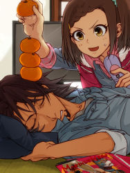 Rule 34 | 10s, 1boy, 1girl, age difference, braid, braided bangs, brown eyes, brown hair, cellphone, denim, father and daughter, food, fruit, hair ornament, hairclip, holding, holding food, holding fruit, kaburagi kaede, kaburagi t. kotetsu, magazine (object), one side up, orange (fruit), origami cyclone, phone, side ponytail, sleeping, sleeves rolled up, tiger &amp; bunny, tk (gixsa), vest