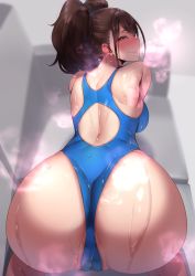 Rule 34 | 1girl, absurdres, all fours, andou you, artist request, ass, ass focus, bare shoulders, blue one-piece swimsuit, blush, breasts, brown eyes, brown hair, cameltoe, come hither, curvy, from behind, highleg, highleg swimsuit, highres, huge ass, kujikawa rise, large breasts, leotard, long hair, looking at viewer, looking back, one-piece swimsuit, persona, persona 4, presenting, shiny clothes, shiny skin, sideboob, smile, solo, swimsuit, thong leotard, thong one-piece swimsuit, twintails, wide hips