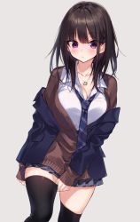 Rule 34 | 1girl, black hair, black thighhighs, blue jacket, blue necktie, blush, breasts, brown jacket, cleavage, closed mouth, collarbone, collared shirt, diagonal-striped neckwear, dress shirt, grey background, grey skirt, jacket, large breasts, long hair, long sleeves, looking at viewer, necktie, off shoulder, open clothes, open jacket, original, pleated skirt, purple eyes, school uniform, shirt, simple background, skirt, sleeves past wrists, solo, striped necktie, striped neckwear, sushikuugo (suisen), thighhighs, thighhighs pull, white shirt
