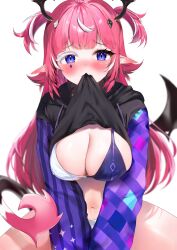 Rule 34 | absurdres, artist request, asymmetrical sleeves, blush, camila (vtuber), clothes in mouth, clothes lift, colored eyelashes, demon girl, demon wings, diamond facial mark, diamond hair ornament, diamond print, ear blush, facial mark, hands on lap, head wings, heart, heart facial mark, highres, hood, hoodie, indie virtual youtuber, long hair, looking at viewer, mismatched eyelashes, mismatched sleeves, mouth hold, multicolored hair, navel, panties, pink hair, pointy ears, purple eyes, shirt in mouth, shirt lift, single wing, streaked hair, striped clothes, tail, two side up, underwear, white background, white hair, white panties, wings