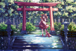 Rule 34 | 1girl, armband, black hair, bow, broom, bush, dappled sunlight, dead line, detached sleeves, forest, grass, hair bow, hair tubes, hakurei reimu, highres, long hair, looking afar, moss, multiple torii, nature, red eyes, red skirt, skirt, sleeveless, solo, stairs, standing, stone lantern, stone walkway, stone wall, sunlight, torii, touhou, tree, wall, wide sleeves
