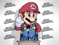 Rule 34 | 1boy, blue eyes, blue overalls, brown hair, english text, facial hair, gloves, hat, highres, male focus, mario, mario (series), mario sports mix, microphone, mustache, nintendo, open mouth, overalls, press conference, red headwear, red shirt, shirt, short hair, white gloves, ya mari 6363