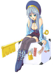 Rule 34 | 1girl, :d, blue hair, blush, box, breasts, cleavage, detached sleeves, green eyes, hat, key, lock, long hair, looking at viewer, on box, open mouth, original, oversized object, sidelocks, simple background, sitting, smile, solo, thighhighs, unasaka ryou, very long hair, white background, zettai ryouiki