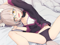 Rule 34 | 1girl, :d, aged down, animal ears, bed sheet, black panties, blue-framed eyewear, camisole, collar, fangs, feet out of frame, female focus, glasses, highres, irene (ogami kazuki), looking at viewer, ogami kazuki, on bed, open mouth, original, panties, sheet grab, smile, solo, spread legs, tail, underwear, wolf ears, wolf tail, yellow eyes