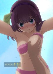 Rule 34 | !, !!, 1boy, 1girl, accidental pervert, angel beats!, backlighting, bare shoulders, bikini, black hairband, blue sky, blunt bangs, blush, bow, breasts, closed mouth, collarbone, commentary, cowboy shot, day, embarrassed, flying sweatdrops, from below, grabbing, grabbing another&#039;s breast, green bow, green eyes, hair bow, hair over shoulder, hairband, hetero, highres, lelie (lelie link), looking at viewer, medium breasts, medium hair, nakamura yuri, navel, nose blush, outdoors, pink bikini, pov, pov hands, purple hair, simple background, sky, solo focus, sweat, swimsuit