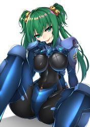 Rule 34 | 1girl, armor, bad id, bad tumblr id, bell, bodysuit, breasts, commission, cui yifei, fortified suit, green eyes, green hair, hair bell, hair between eyes, hair ornament, head tilt, healther, jingle bell, long hair, looking at viewer, medium breasts, muv-luv, muv-luv alternative, muv-luv total eclipse, open mouth, simple background, sitting, smile, solo, spread legs, twintails, v-shaped eyebrows, white background
