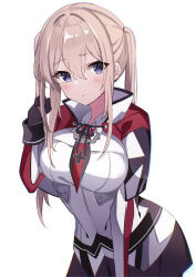 Rule 34 | 1girl, absurdres, adjusting hair, black necktie, black skirt, blonde hair, breasts, capelet, closed mouth, fathom, graf zeppelin (kancolle), grey eyes, hair between eyes, hand up, highres, impossible clothes, jacket, kantai collection, large breasts, light blush, long bangs, long hair, looking at viewer, military, military uniform, necktie, no headwear, red necktie, skirt, solo, tsurime, twintails, two-tone necktie, uniform, white background, white jacket