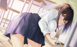 Rule 34 | 1girl, blue skirt, blurry, blurry background, blush, breasts, brown hair, chair, classroom, commentary request, crossed bangs, desk, from behind, hair between eyes, holding, holding ear, kneeling, large breasts, long sleeves, looking at viewer, looking back, medium hair, original, parted lips, pleated skirt, purple eyes, school chair, school desk, school uniform, shiro kuma shake, shirt, sidelocks, skirt, solo, white shirt, wooden floor