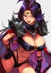Rule 34 | 1girl, armor, bikini, black bikini, black gloves, blue eyes, blush, breasts, circlet, cleavage, cowboy shot, forehead jewel, gloves, grey background, hair intakes, hand on own hip, highleg, highleg bikini, hungry clicker, large breasts, long hair, looking at viewer, naga the serpent, necklace, pauldrons, purple hair, revealing clothes, shoulder armor, simple background, skull necklace, slayers, solo, spikes, swimsuit, teeth, underwear