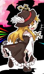 Rule 34 | blonde hair, brown footwear, brown hat, brown vest, cross, dolls in pseudo paradise, fedora, frilled shirt collar, frilled skirt, frills, from behind, hat, hat feather, highres, holding, holding cross, jacket girl (dipp), kota919, long hair, looking at viewer, murder in pseudo paradise, red eyes, shirt, shoes, skirt, smile, socks, touhou, vest, white shirt