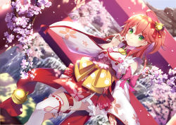 Rule 34 | 1girl, ahoge, bell, blurry, blurry background, blush, bow, branch, cherry blossom print, closed mouth, commentary request, depth of field, detached sleeves, dutch angle, floral print, flower, green eyes, hair bell, hair between eyes, hair bow, hair ornament, hairclip, hand up, highres, holding, hololive, japanese clothes, jingle bell, kimono, long sleeves, one side up, petals, pleated skirt, print shirt, purple flower, red bow, red hair, red skirt, renka (renkas), ribbon-trimmed legwear, ribbon trim, sakura miko, sakura miko (1st costume), shirt, skirt, sleeveless, sleeveless kimono, smile, solo, thighhighs, torii, virtual youtuber, white kimono, white sleeves, white thighhighs, wide sleeves, x hair ornament