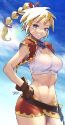 Rule 34 | 1girl, blonde hair, blue eyes, blue sky, breasts, brown gloves, chrono cross, cleavage, cloud, crop top, cropped shirt, gloves, groin, hand on headwear, hand on own hip, hand on own thigh, high braid, highres, kid (chrono cross), looking at viewer, medium breasts, murata tefu, navel, pink ribbon, ribbon, shirt, sky, smile, solo, thighs, white shirt