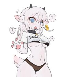 Rule 34 | 1girl, 666, ?, animal collar, animal ear fluff, animal ears, animal hands, black bra, black panties, blue eyes, blush, bra, breasts, collar, commentary, cowboy shot, crop top, crop top overhang, curvy, ear tag, english commentary, furry, furry female, goat ears, goat girl, goat horns, goat tail, hair between eyes, horns, kid094ff, large breasts, long hair, looking at viewer, midriff, navel, nervous, nervous smile, no pants, open mouth, original, pale skin, panties, shirt, short sleeves, simple background, smile, solo, speech bubble, spoken question mark, stomach, sweat, t-shirt, tail, underwear, white background, white hair, white shirt