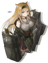 Rule 34 | 1girl, animal ears, arknights, bare shoulders, black jacket, blonde hair, blue eyes, breasts, brown skirt, closed mouth, cropped legs, drop shadow, grey hairband, grey shirt, hairband, harukan tiusu, horn (arknights), jacket, long hair, medium breasts, open clothes, open jacket, pleated skirt, shirt, simple background, skirt, solo, very long hair, white background