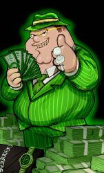 Rule 34 | 1boy, absurdres, banknote, braces, brown eyes, brown hair, chain, diamond (gemstone), dollar bill, double chin, family guy, fat, fat man, fedora, formal, gangster spongebob (meme), glasses, green hat, green jacket, green necktie, green pants, hands up, hat, highres, holding, holding money, jacket, jewelry, kowai (iamkowai), looking at viewer, male focus, meme, money, necktie, pants, peter griffin, pinstripe pattern, pinstripe suit, ring, round eyewear, short hair, solo, striped clothes, striped jacket, suit, suit jacket, thumbs up, watch
